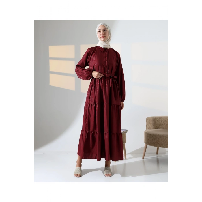 Kadın 100% Pamuk Viskon Desenli Bordo Tesettür Elbise