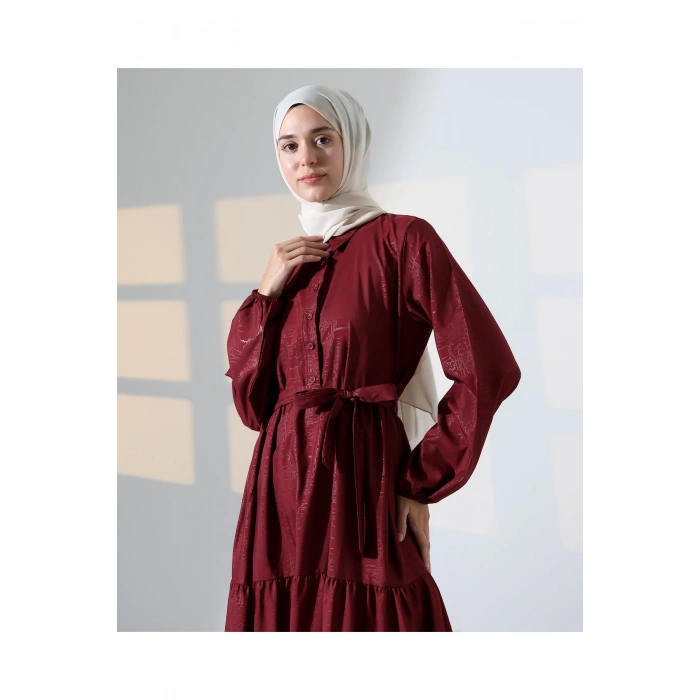 Kadın 100% Pamuk Viskon Desenli Bordo Tesettür Elbise