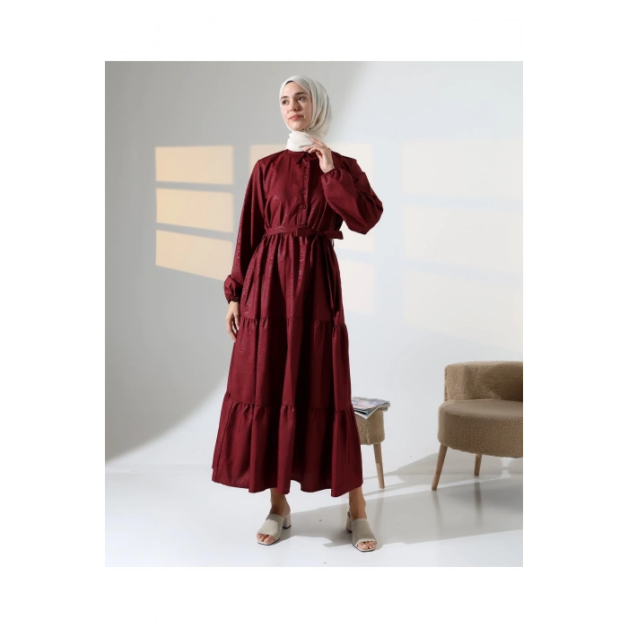 Kadın 100% Pamuk Viskon Desenli Bordo Tesettür Elbise
