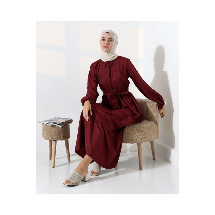 Kadın 100% Pamuk Viskon Desenli Bordo Tesettür Elbise