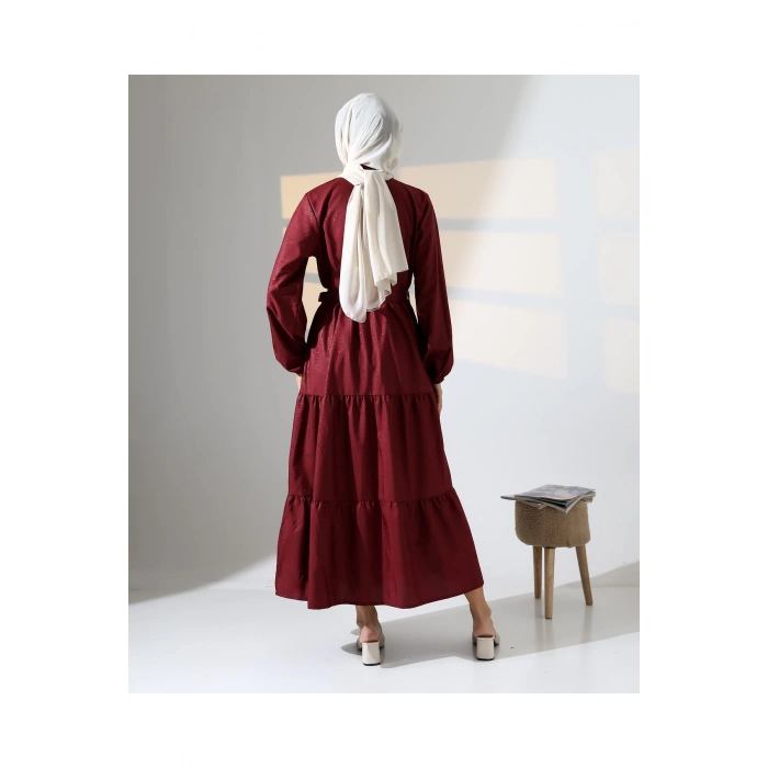 Kadın 100% Pamuk Viskon Desenli Bordo Tesettür Elbise