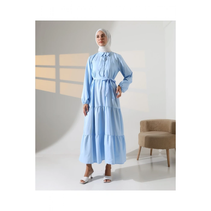 Kadın 100% Pamuk Viskon Desenli Mavi Tesettür Elbise