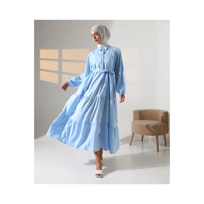 Kadın 100% Pamuk Viskon Desenli Mavi Tesettür Elbise