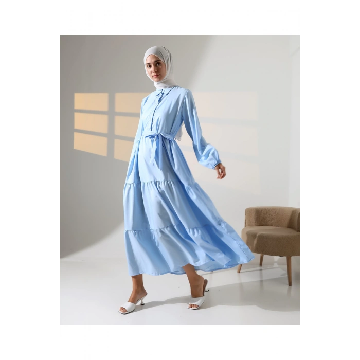 Kadın 100% Pamuk Viskon Desenli Mavi Tesettür Elbise