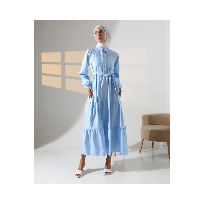 Kadın 100% Pamuk Viskon Desenli Mavi Tesettür Elbise