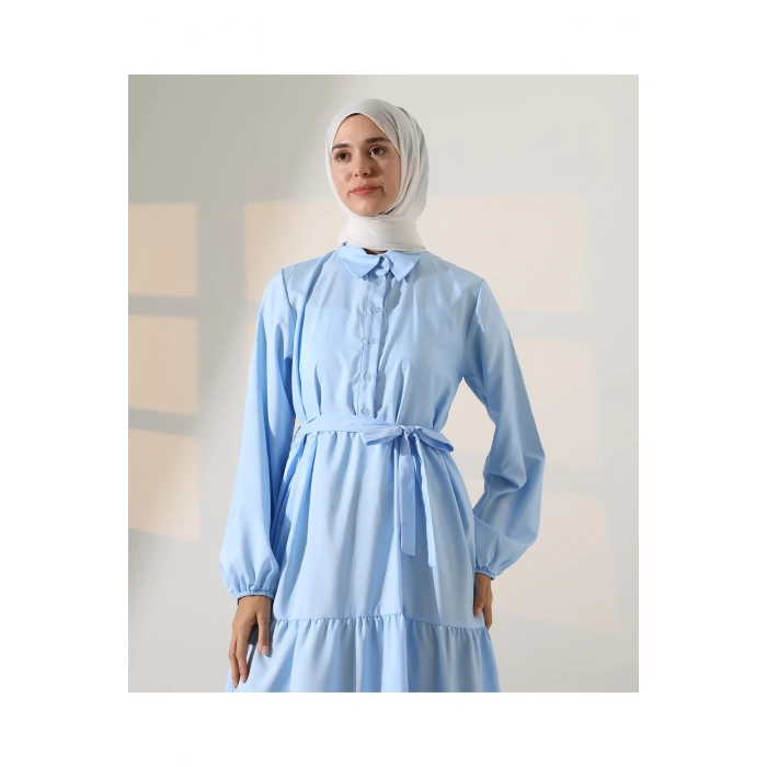 Kadın 100% Pamuk Viskon Desenli Mavi Tesettür Elbise