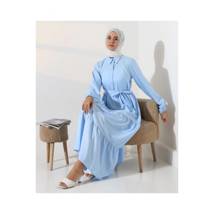 Kadın 100% Pamuk Viskon Desenli Mavi Tesettür Elbise