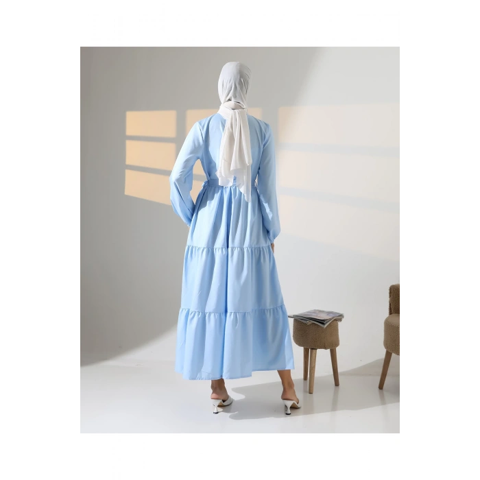 Kadın 100% Pamuk Viskon Desenli Mavi Tesettür Elbise