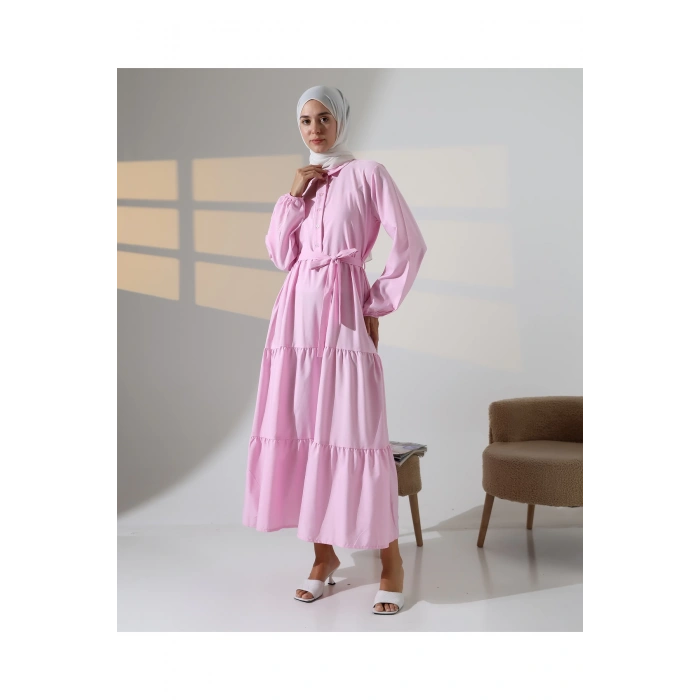 Kadın 100% Pamuk Viskon Desenli Pembe Tesettür Elbise