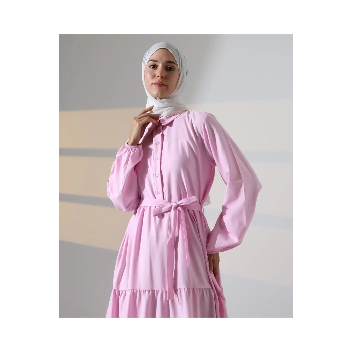 Kadın 100% Pamuk Viskon Desenli Pembe Tesettür Elbise