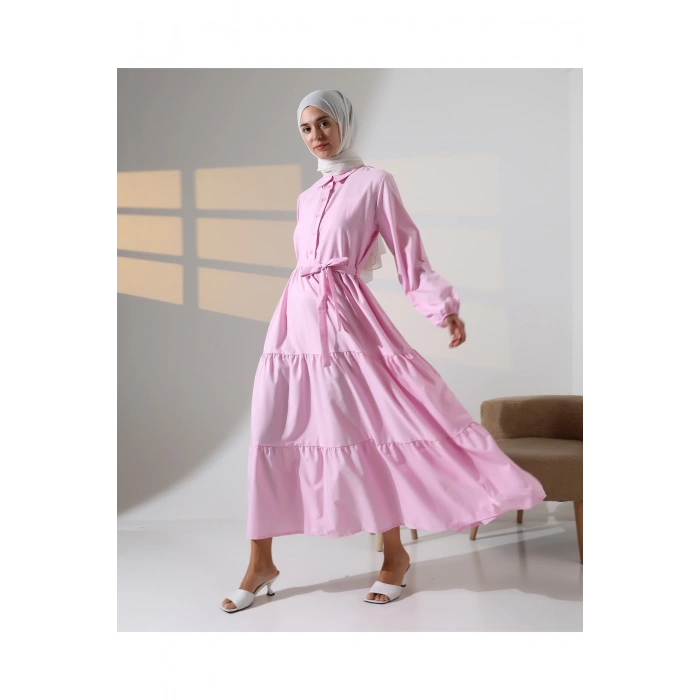 Kadın 100% Pamuk Viskon Desenli Pembe Tesettür Elbise