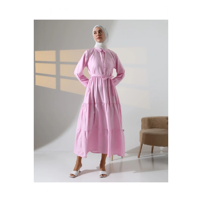 Kadın 100% Pamuk Viskon Desenli Pembe Tesettür Elbise