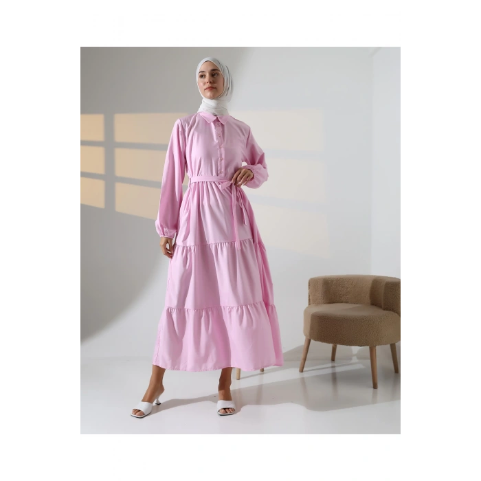 Kadın 100% Pamuk Viskon Desenli Pembe Tesettür Elbise