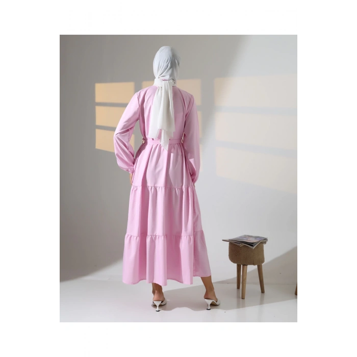 Kadın 100% Pamuk Viskon Desenli Pembe Tesettür Elbise