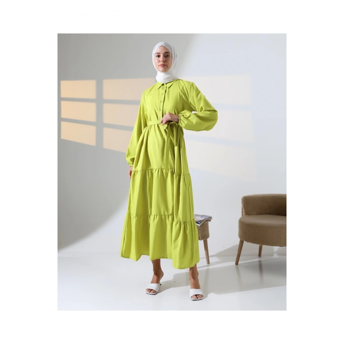 Kadın 100% Pamuk Viskon Desenli Yeşil Tesettür Elbise