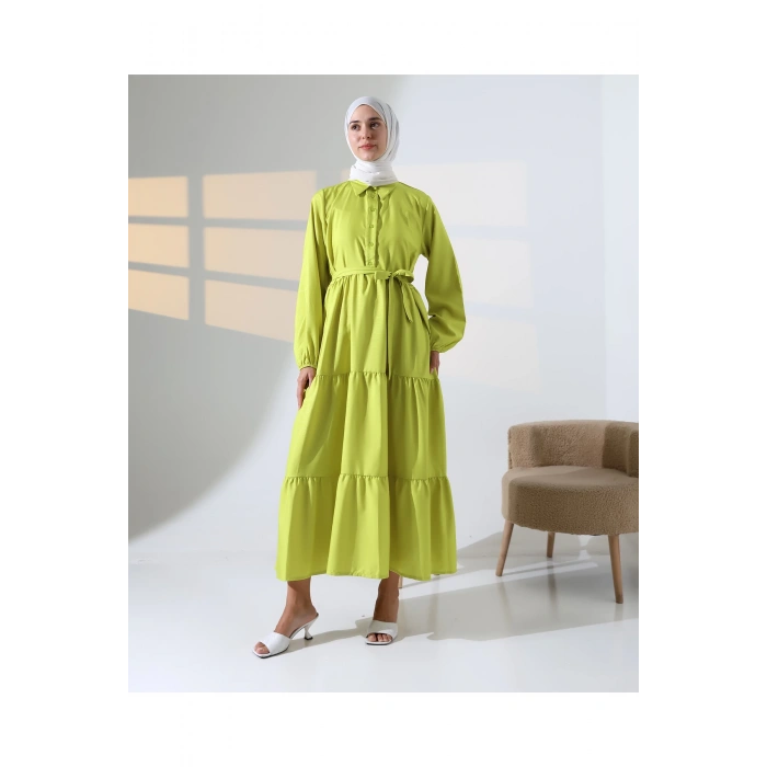 Kadın 100% Pamuk Viskon Desenli Yeşil Tesettür Elbise