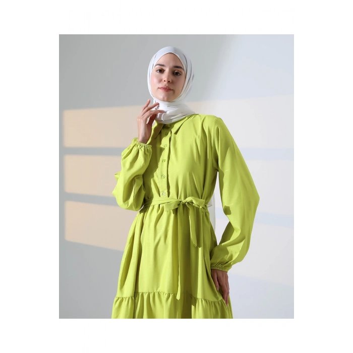 Kadın 100% Pamuk Viskon Desenli Yeşil Tesettür Elbise