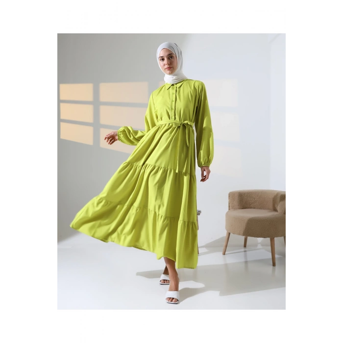 Kadın 100% Pamuk Viskon Desenli Yeşil Tesettür Elbise
