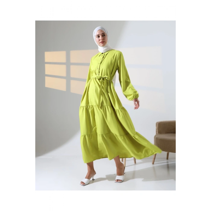Kadın 100% Pamuk Viskon Desenli Yeşil Tesettür Elbise