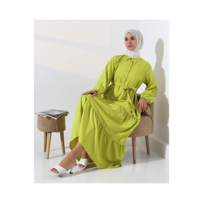 Kadın 100% Pamuk Viskon Desenli Yeşil Tesettür Elbise