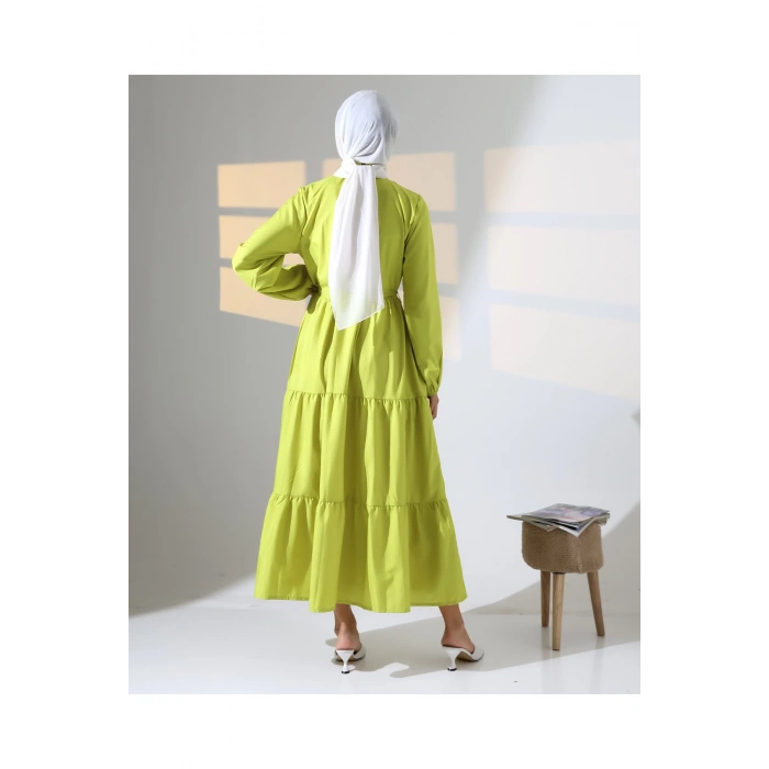 Kadın 100% Pamuk Viskon Desenli Yeşil Tesettür Elbise