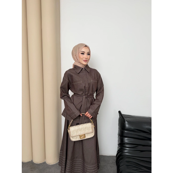 Carina Model Kot Kumaş Detaylı Kadın Elbise Takım