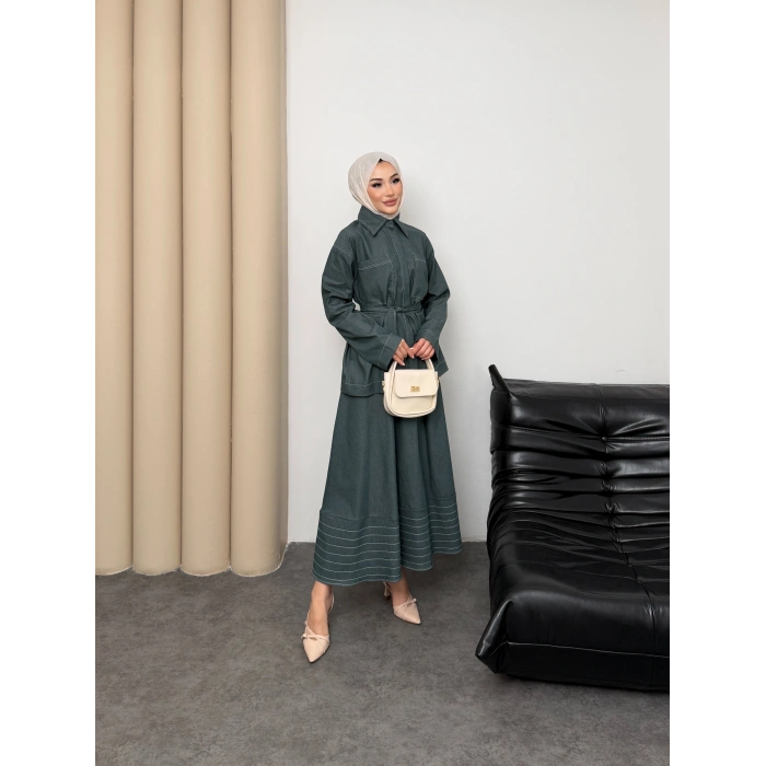 Carina Model Kot Kumaş Detaylı Kadın Elbise Takım