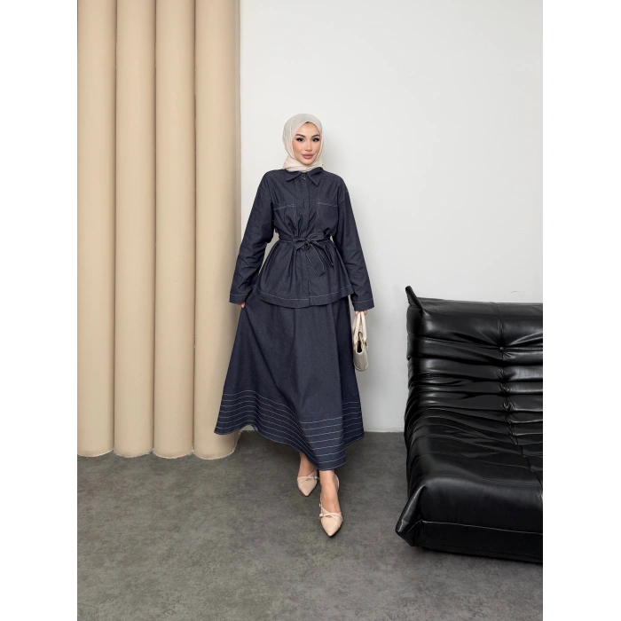 Carina Model Kot Kumaş Detaylı Kadın Elbise Takım