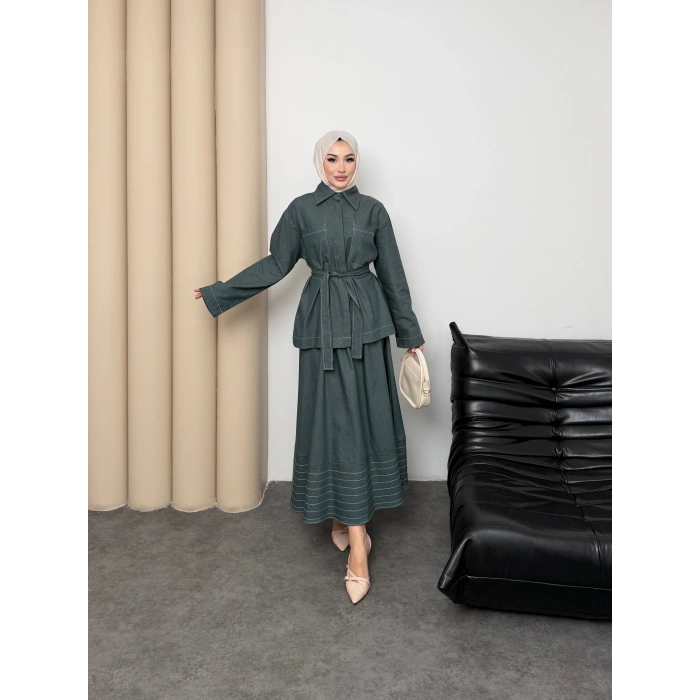 Carina Model Kot Kumaş Detaylı Kadın Elbise Takım