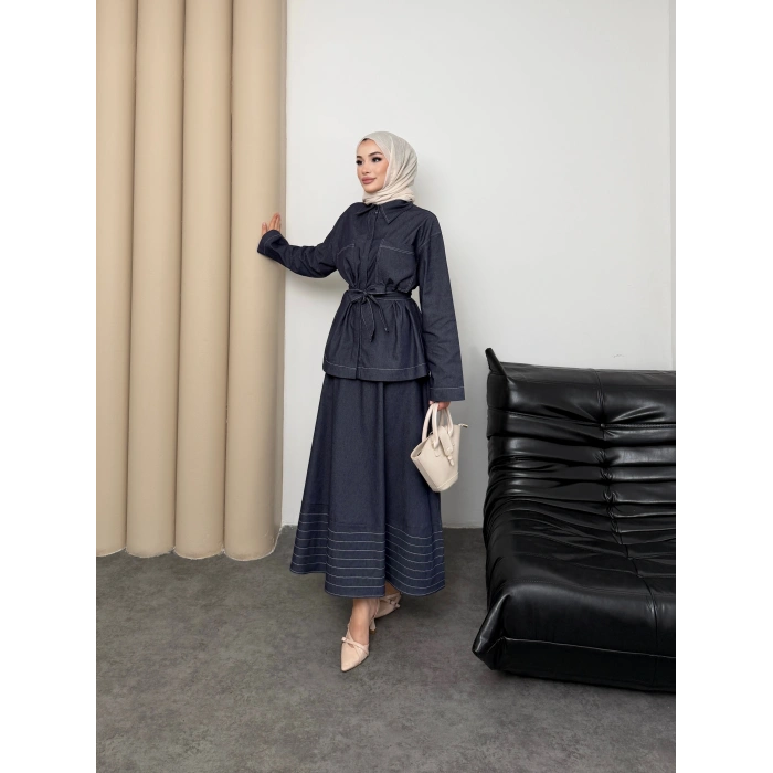 Carina Model Kot Kumaş Detaylı Kadın Elbise Takım