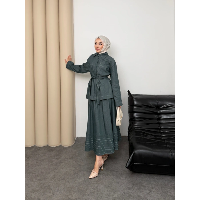 Carina Model Kot Kumaş Detaylı Kadın Elbise Takım