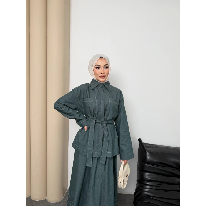 Carina Model Kot Kumaş Detaylı Kadın Elbise Takım