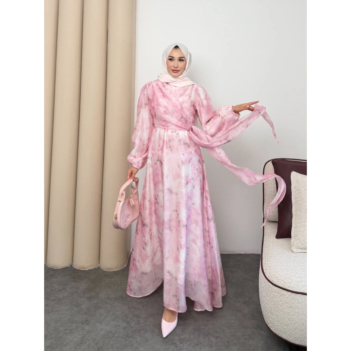 Clara Model Kemerli Bilek Büzgü Desen Detaylı Kadın Elbise