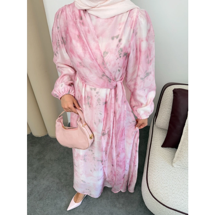Clara Model Kemerli Bilek Büzgü Desen Detaylı Kadın Elbise