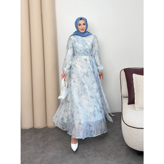Clara Model Kemerli Bilek Büzgü Desen Detaylı Kadın Elbise