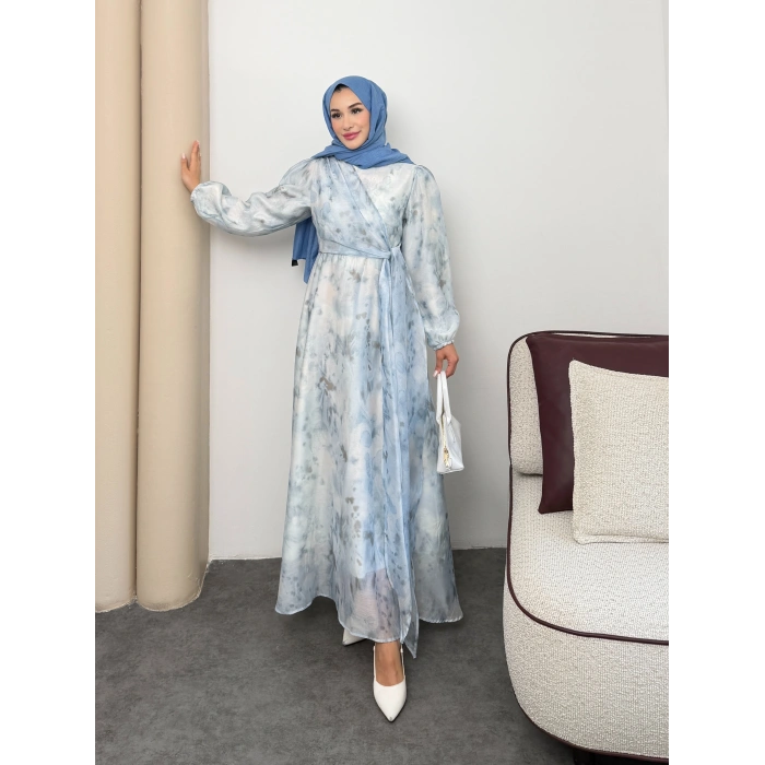 Clara Model Kemerli Bilek Büzgü Desen Detaylı Kadın Elbise