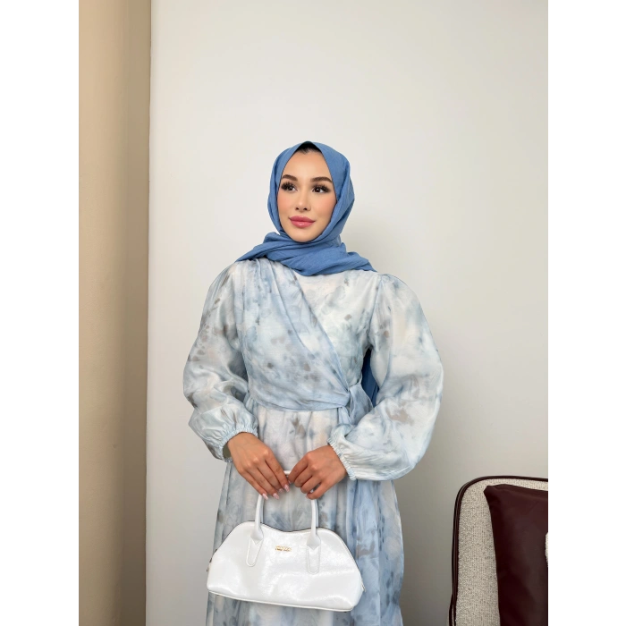 Clara Model Kemerli Bilek Büzgü Desen Detaylı Kadın Elbise