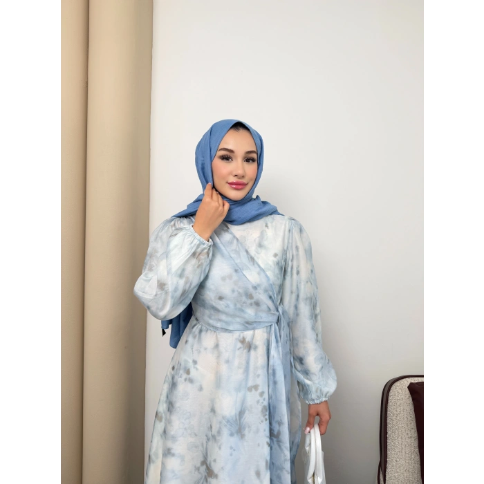 Clara Model Kemerli Bilek Büzgü Desen Detaylı Kadın Elbise