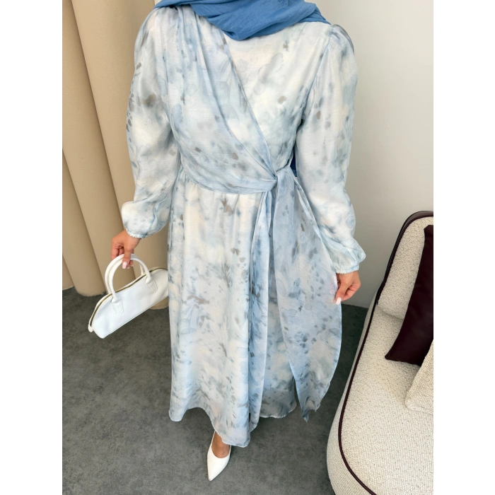 Clara Model Kemerli Bilek Büzgü Desen Detaylı Kadın Elbise