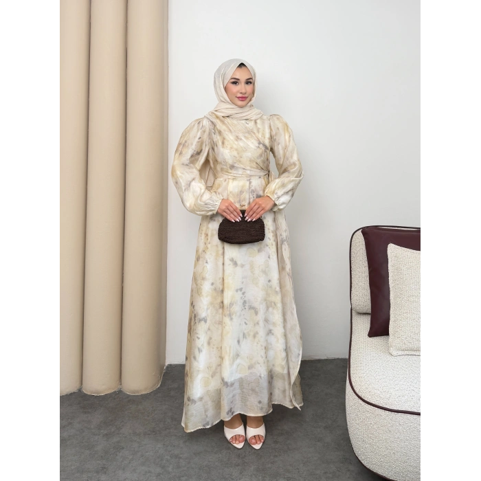 Clara Model Kemerli Bilek Büzgü Desen Detaylı Kadın Elbise