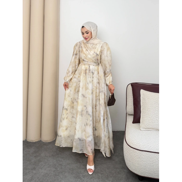 Clara Model Kemerli Bilek Büzgü Desen Detaylı Kadın Elbise