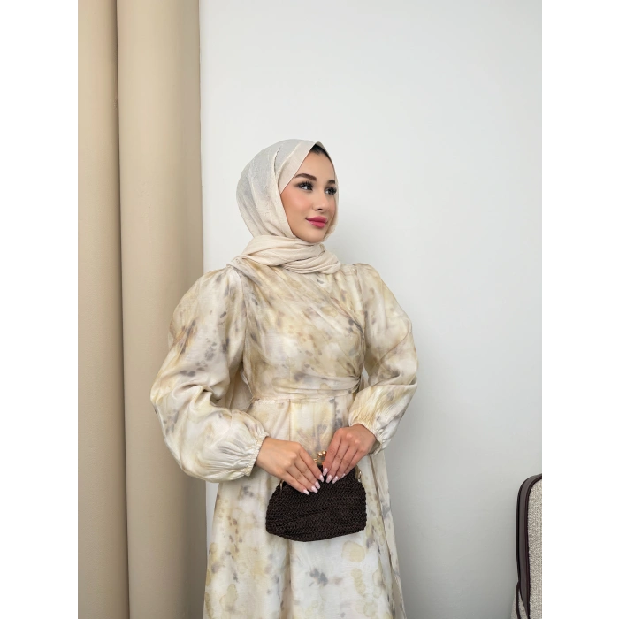 Clara Model Kemerli Bilek Büzgü Desen Detaylı Kadın Elbise