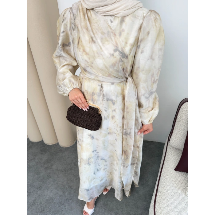 Clara Model Kemerli Bilek Büzgü Desen Detaylı Kadın Elbise
