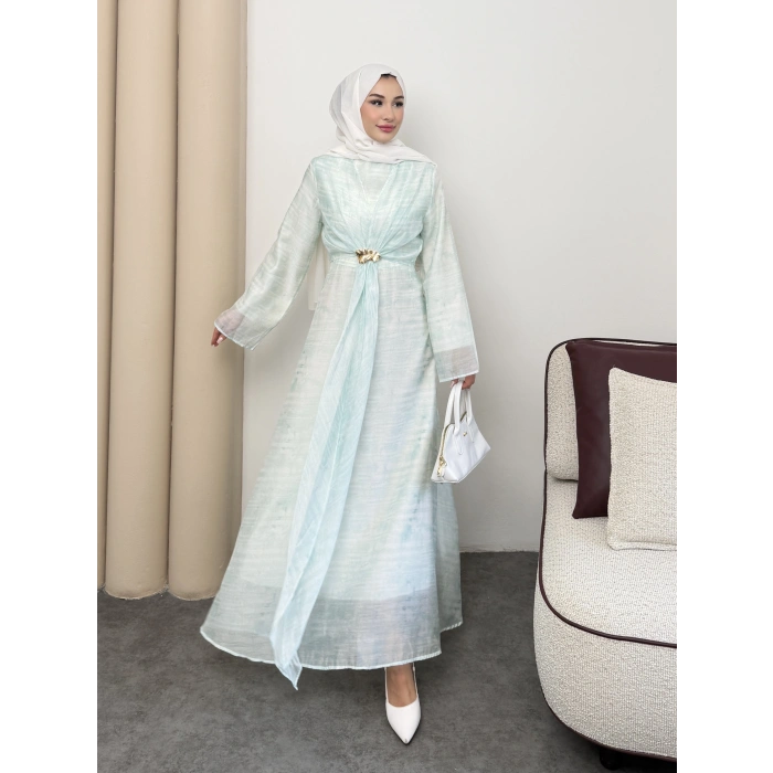 Amelia  Model Kemerli Bilek Büzgü Desen Detaylı Kadın Elbise