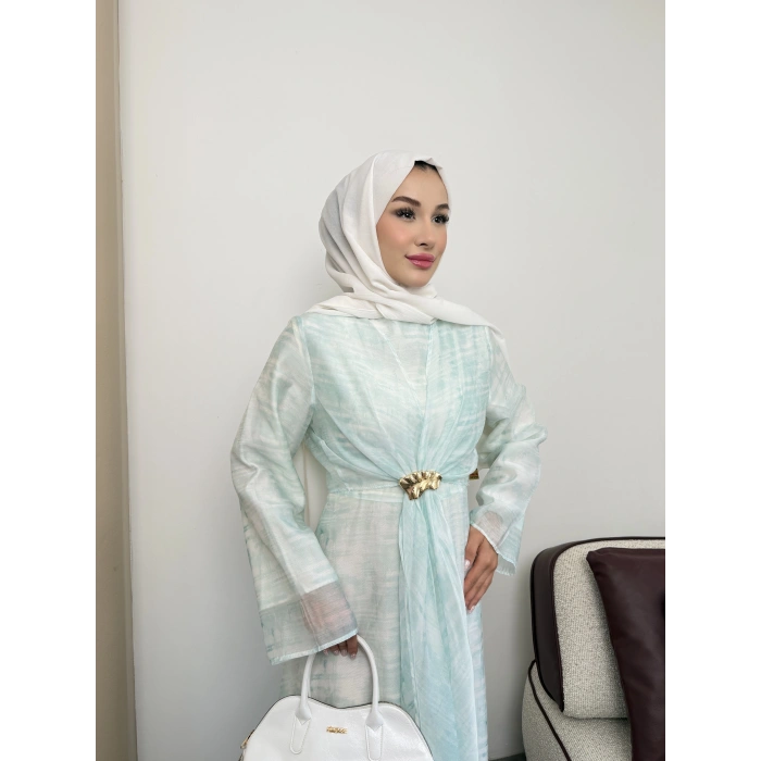 Amelia  Model Kemerli Bilek Büzgü Desen Detaylı Kadın Elbise