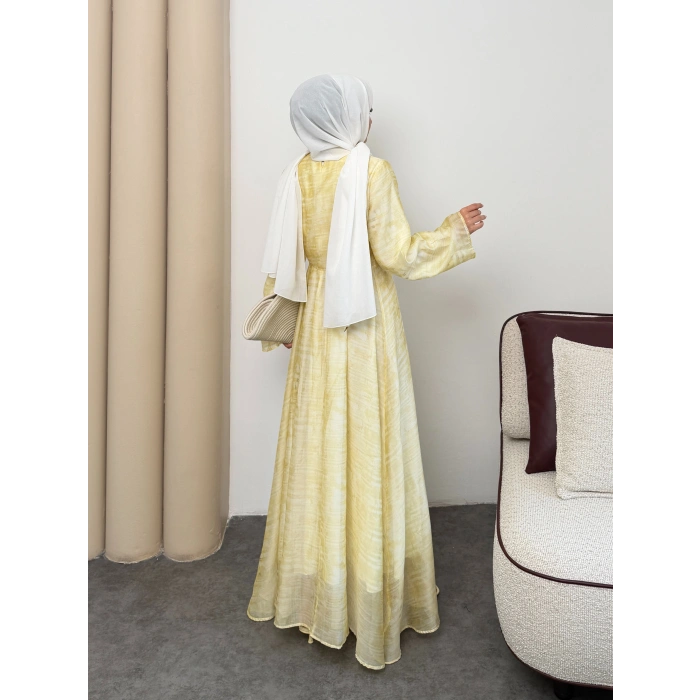 Amelia  Model Kemerli Bilek Büzgü Desen Detaylı Kadın Elbise