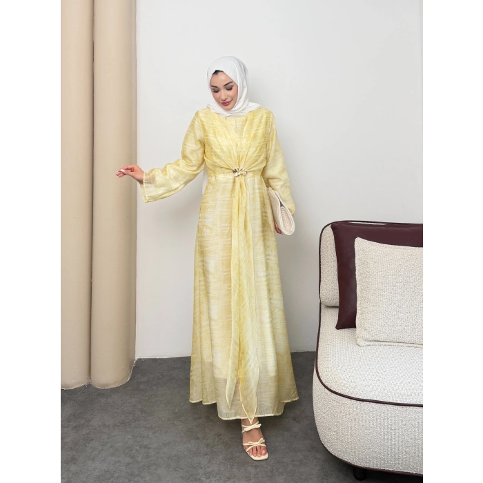 Amelia  Model Kemerli Bilek Büzgü Desen Detaylı Kadın Elbise