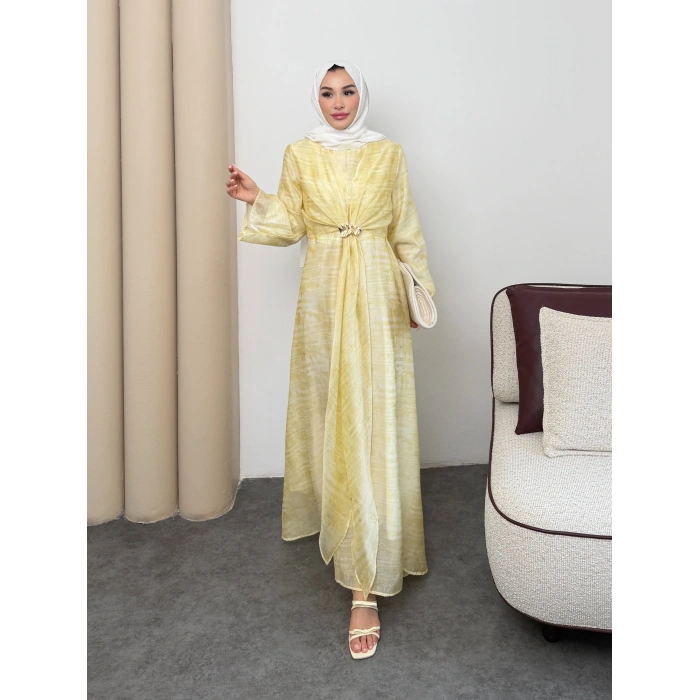 Amelia  Model Kemerli Bilek Büzgü Desen Detaylı Kadın Elbise
