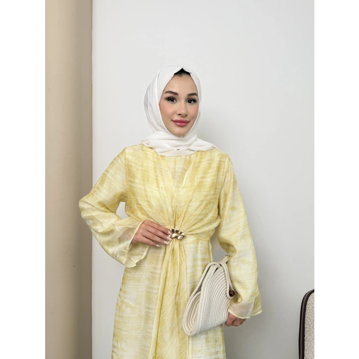 Amelia  Model Kemerli Bilek Büzgü Desen Detaylı Kadın Elbise