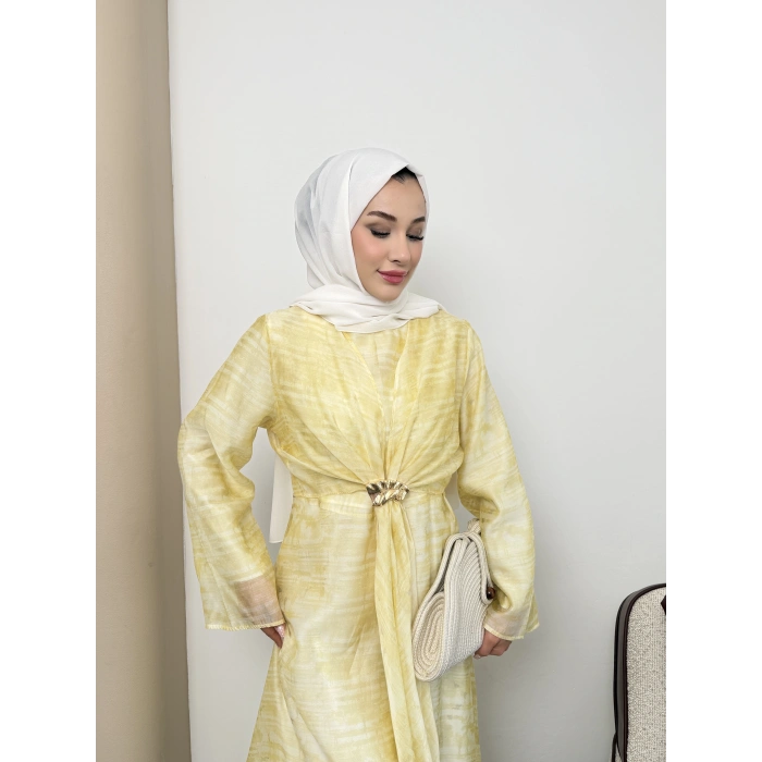 Amelia  Model Kemerli Bilek Büzgü Desen Detaylı Kadın Elbise